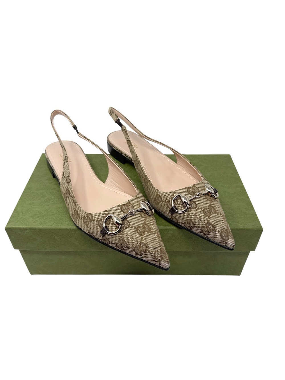 Gucci Erin Horsebit GG Canvas Slingback Ballet Flats Size 39.5 New